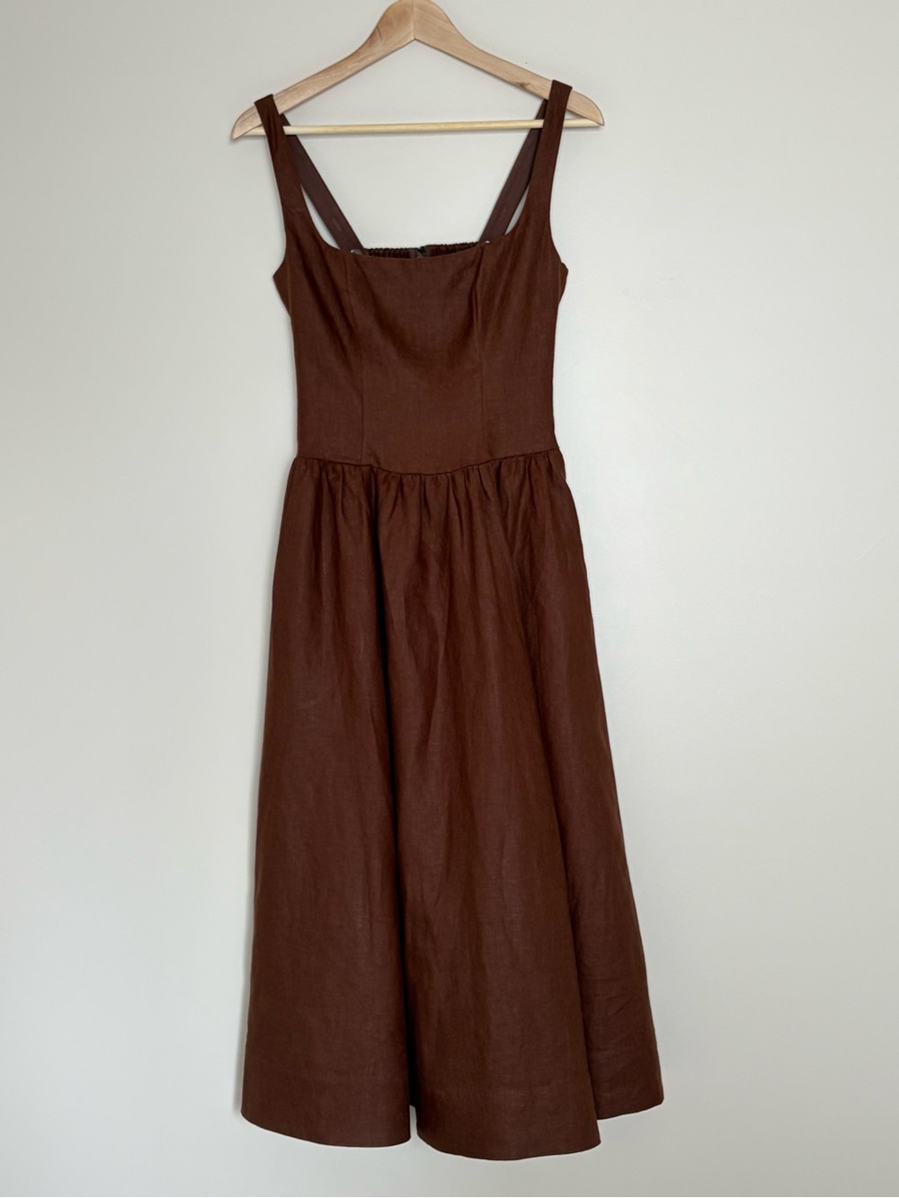 NEW Reformation Janu Square Neck Midi Linen Dress Chocolate Cake Brown US 2 UK 6 - Picture 6 of 13